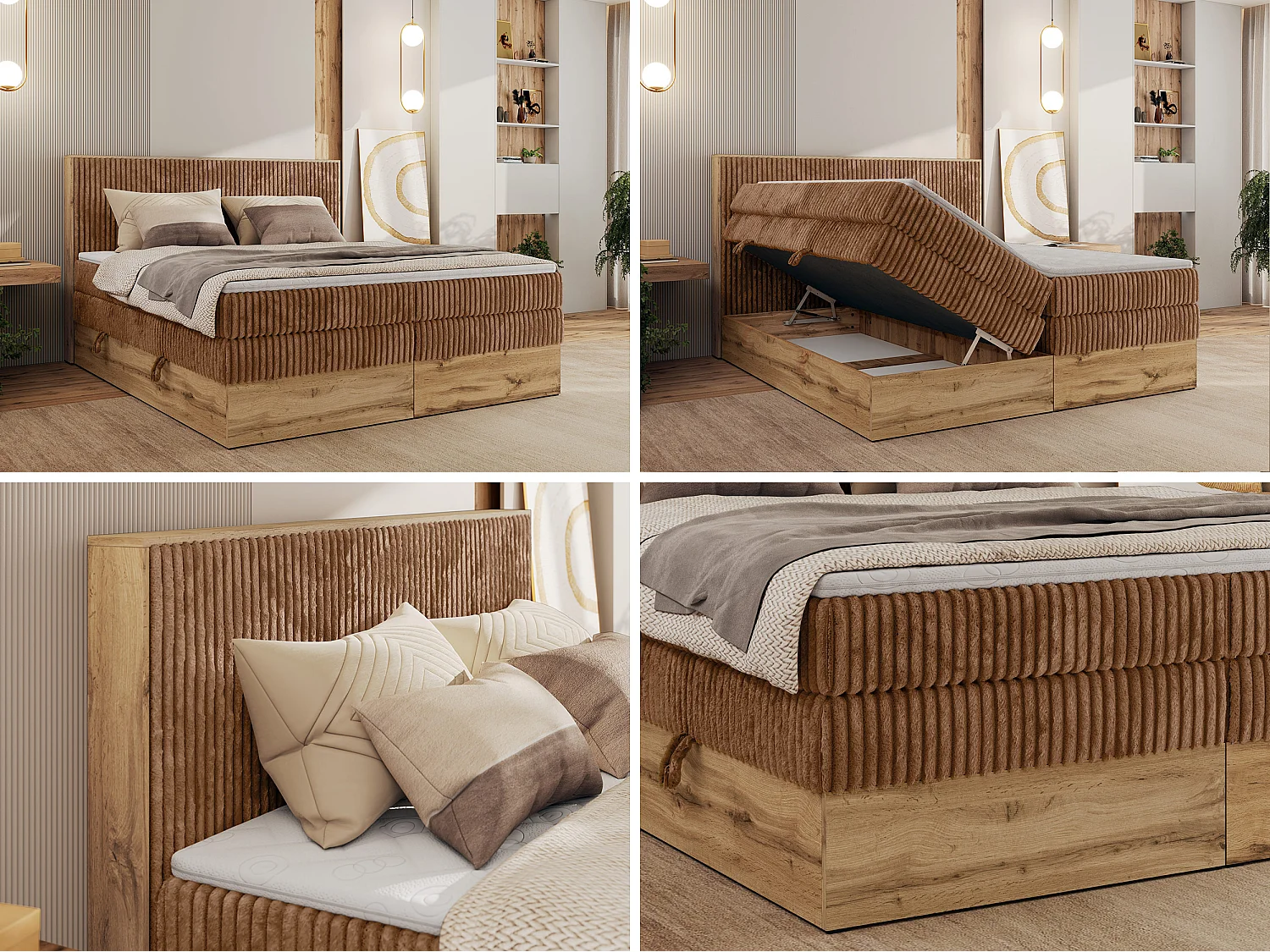 Boxspringbett WOOD CLASSIC KING - Polsterbett mit hohe Kopfteil, zwei Multipocket-Matratze, Bettkästen - 180x200 cm - H3 - Orange Cord