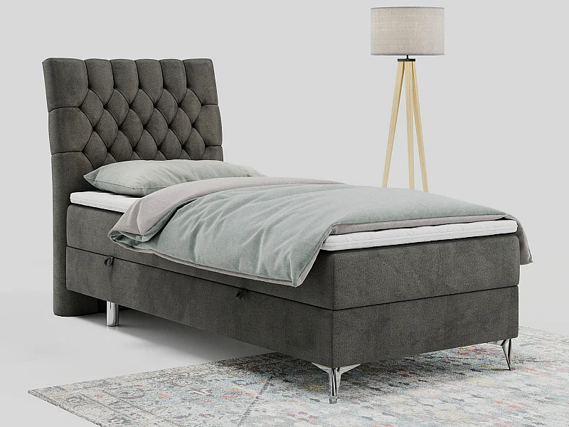 Boxspringbett MILEN - Polsterbett auf Metallbeine, Set mit Multipocket-Matratze, Gesteppte Kopfstütze - 90x200 cm - H3 - Dunkelgrau Velvet - Links Seite
