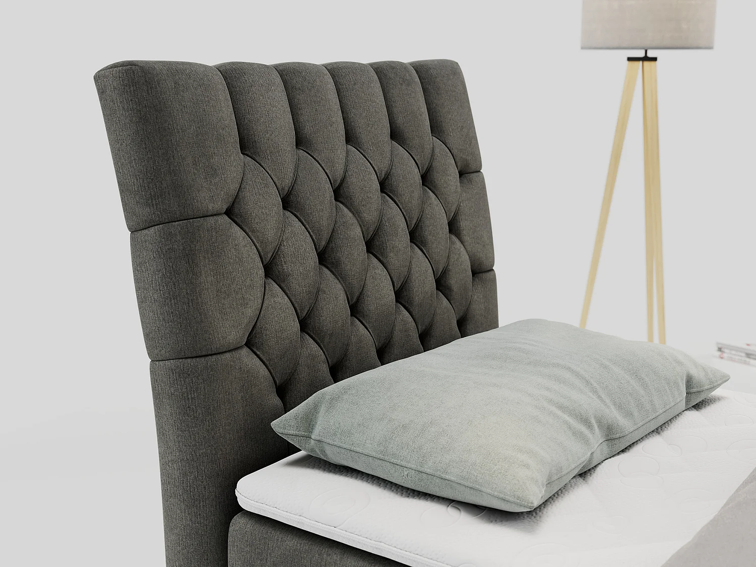 Boxspringbett MILEN - Polsterbett auf Metallbeine, Set mit Multipocket-Matratze, Gesteppte Kopfstütze - 90x200 cm - H3 - Dunkelgrau Velvet - Links Seite