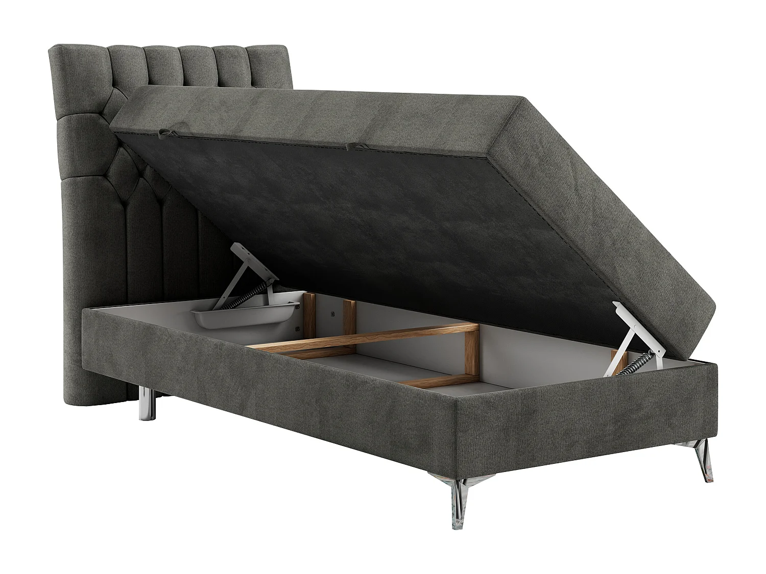 Boxspringbett MILEN - Polsterbett auf Metallbeine, Set mit Multipocket-Matratze, Gesteppte Kopfstütze - 90x200 cm - H3 - Dunkelgrau Velvet - Links Seite