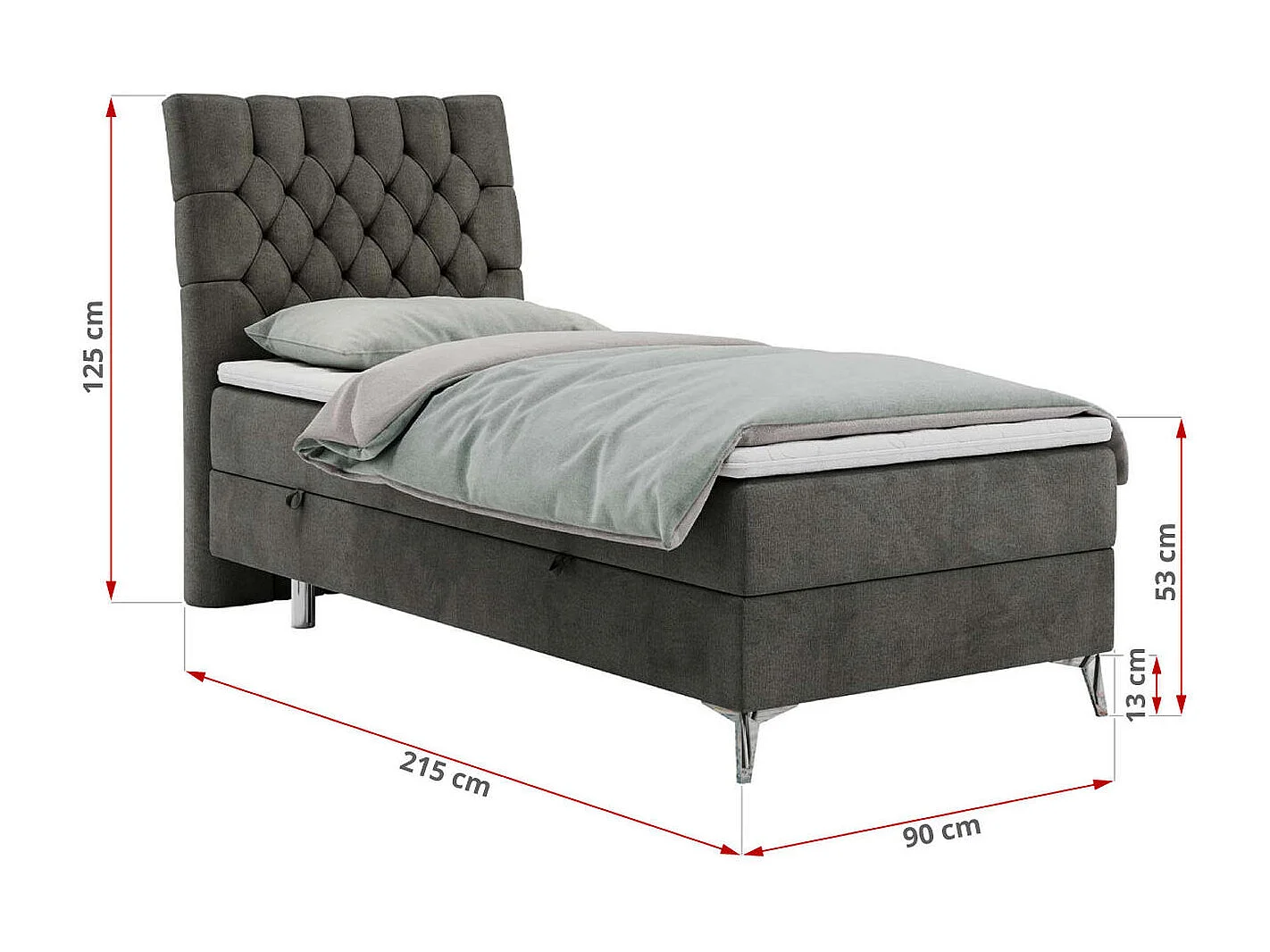 Boxspringbett MILEN - Polsterbett auf Metallbeine, Set mit Multipocket-Matratze, Gesteppte Kopfstütze - 90x200 cm - H3 - Dunkelgrau Velvet - Links Seite