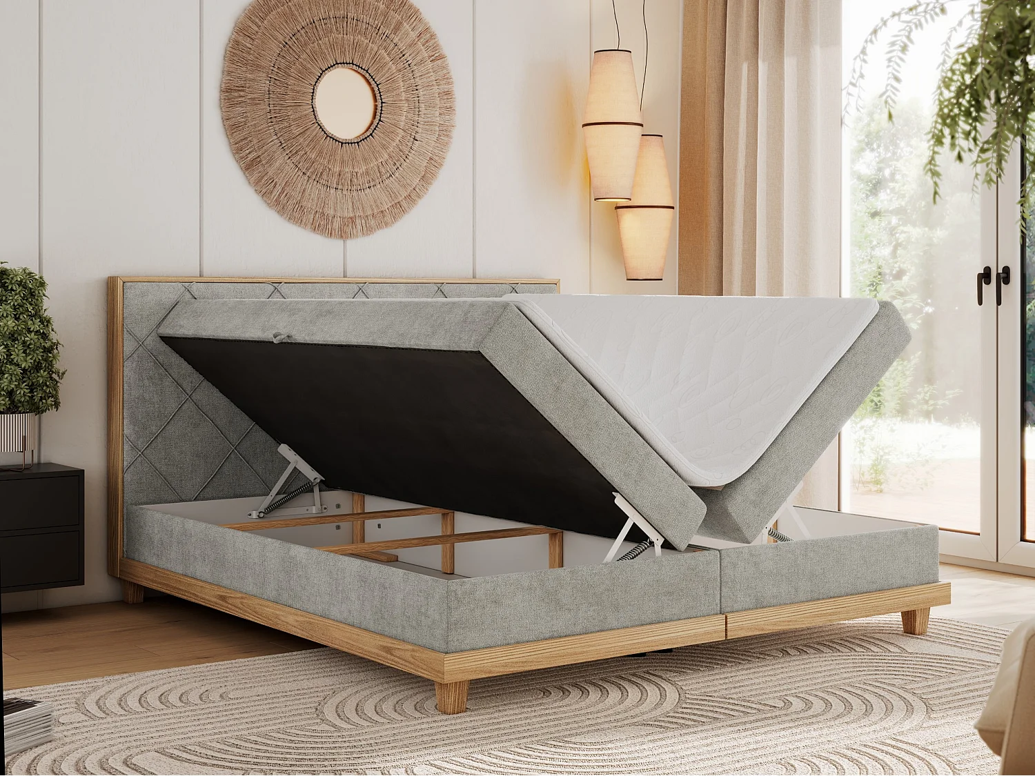 Boxspringbett CAICOS - mit gestepptem Kopfteil, Multipocket-Matratze und Topper, Holzelementen - 160x200 cm - H4 - Hellgrau Strukture