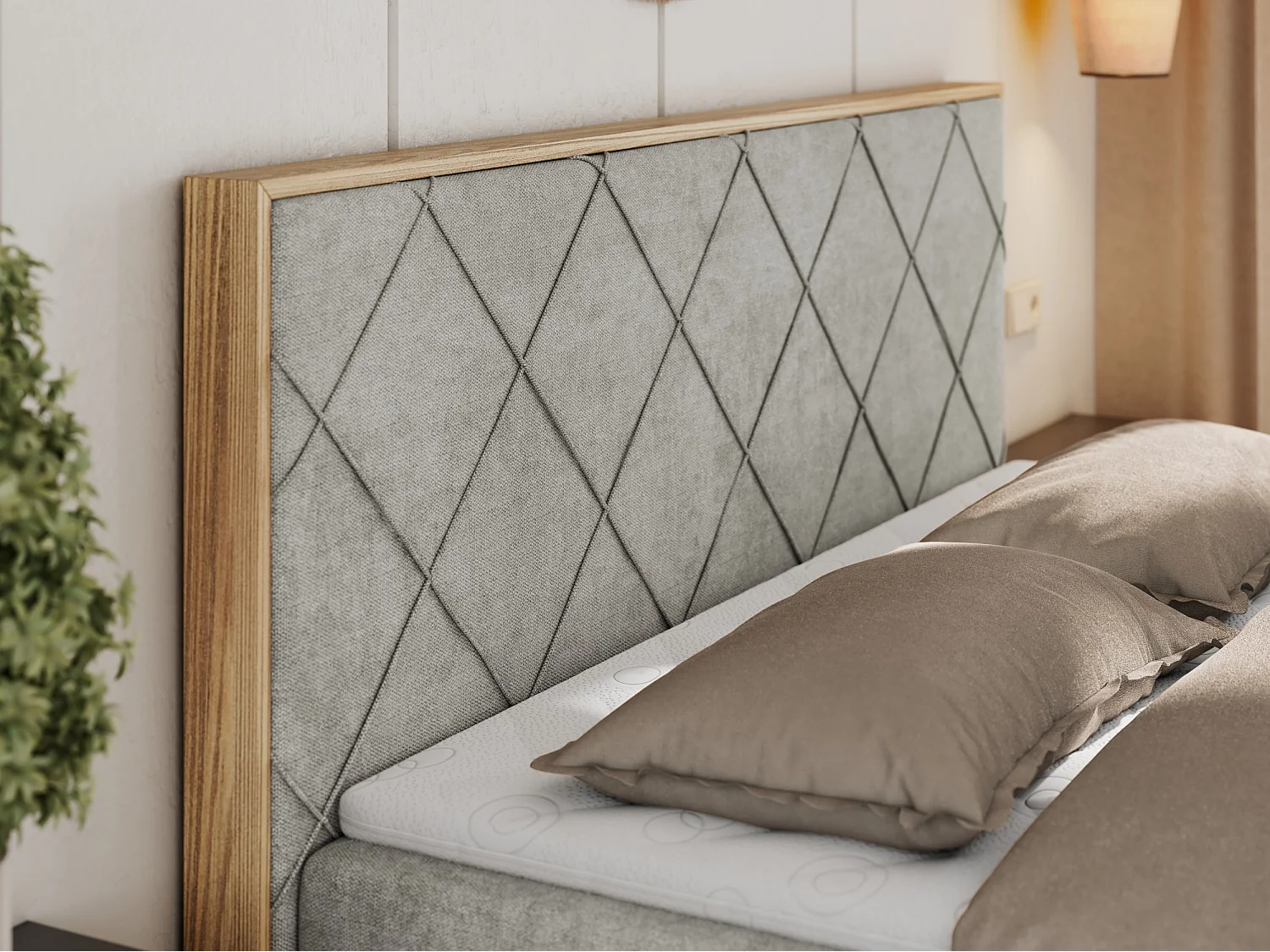 Boxspringbett CAICOS - mit gestepptem Kopfteil, Multipocket-Matratze und Topper, Holzelementen - 160x200 cm - H4 - Hellgrau Strukture