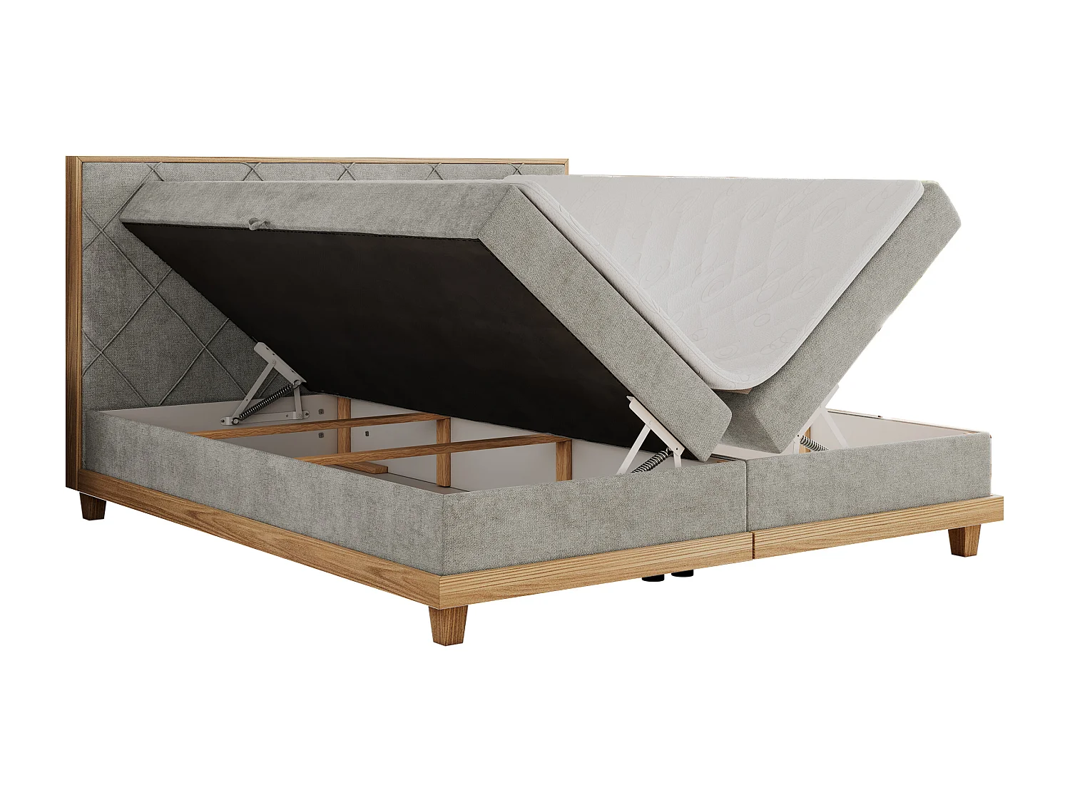 Boxspringbett CAICOS - mit gestepptem Kopfteil, Multipocket-Matratze und Topper, Holzelementen - 160x200 cm - H4 - Hellgrau Strukture
