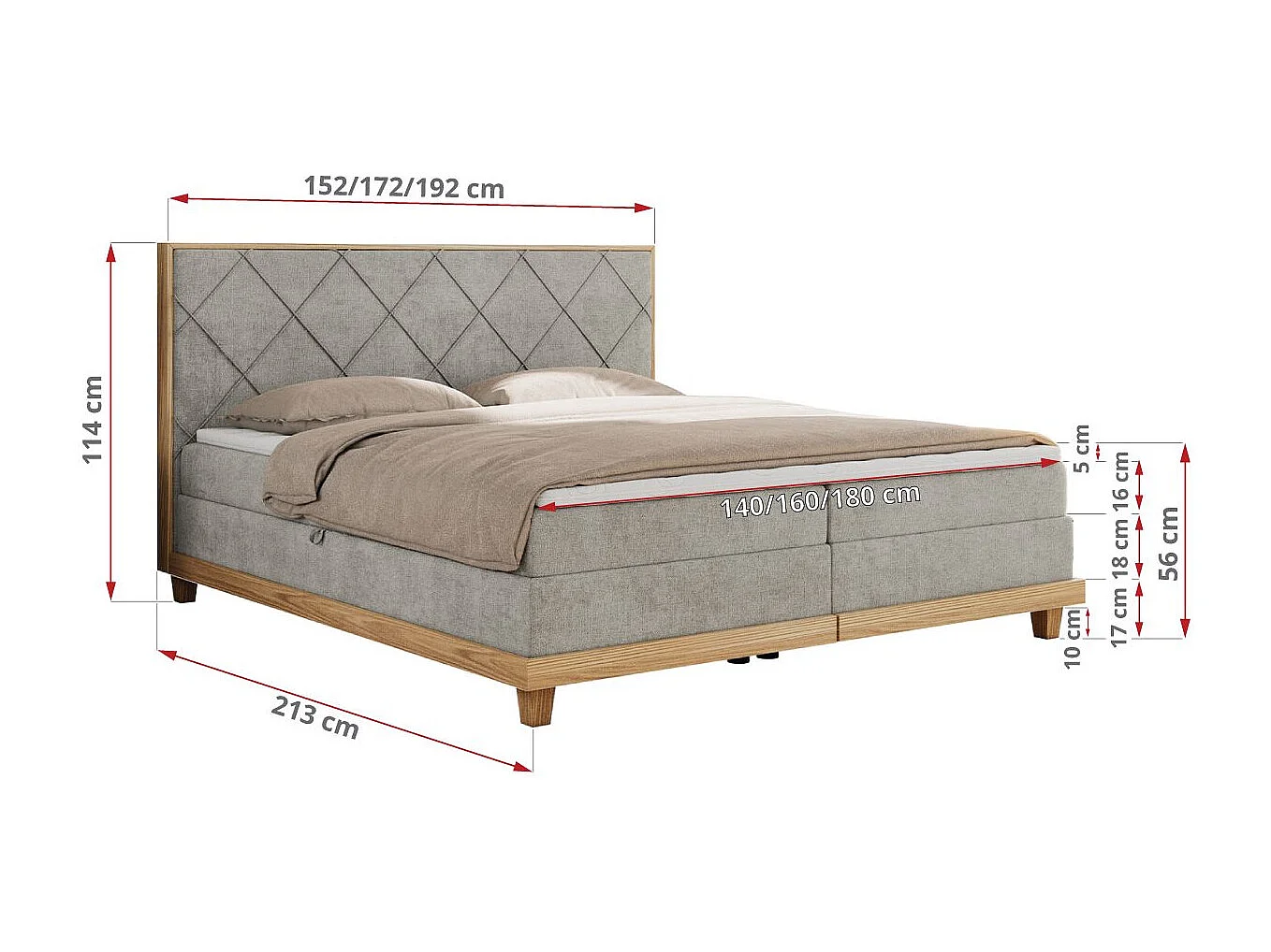 Boxspringbett CAICOS - mit gestepptem Kopfteil, Multipocket-Matratze und Topper, Holzelementen - 160x200 cm - H4 - Hellgrau Strukture