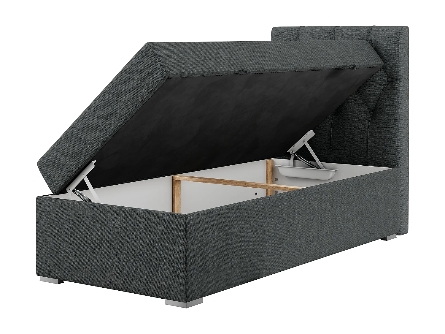 Boxspringbett ALDA - Einzelbett mit gestepptem Kopfteil, Multipocket-Matratze und Topper, Bettkasten - 90x200 cm - H3 - Dunkelgrau Strukture - Rechts Seite