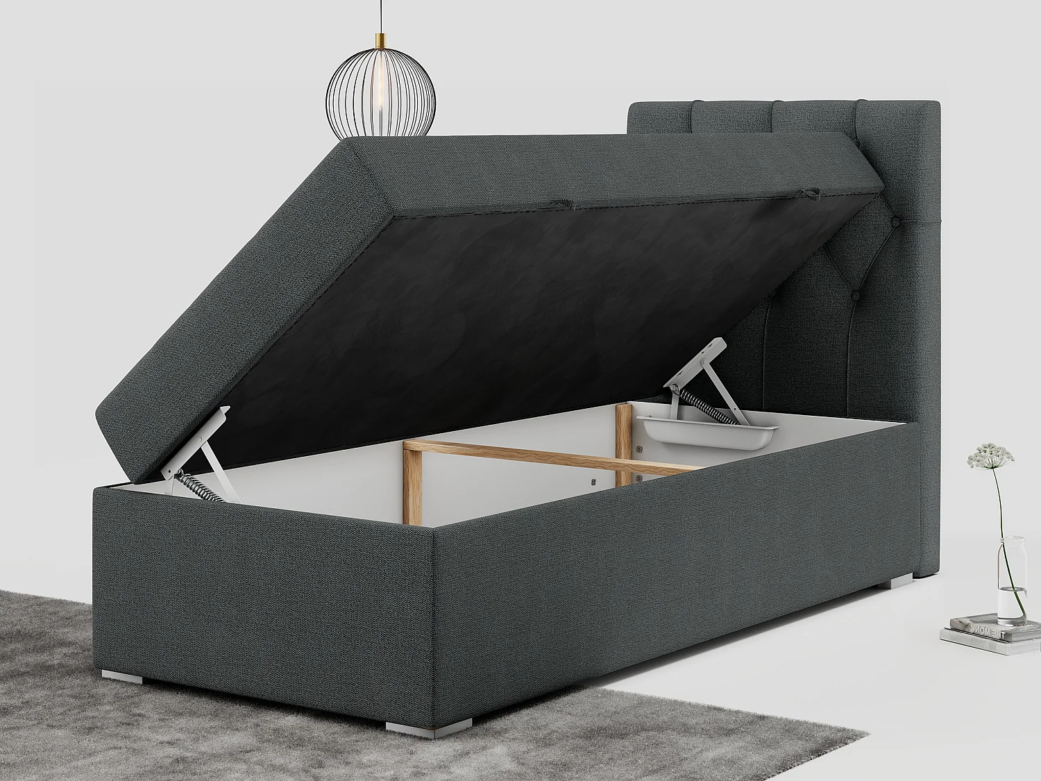 Boxspringbett ALDA - Einzelbett mit gestepptem Kopfteil, Multipocket-Matratze und Topper, Bettkasten - 90x200 cm - H3 - Dunkelgrau Strukture - Rechts Seite