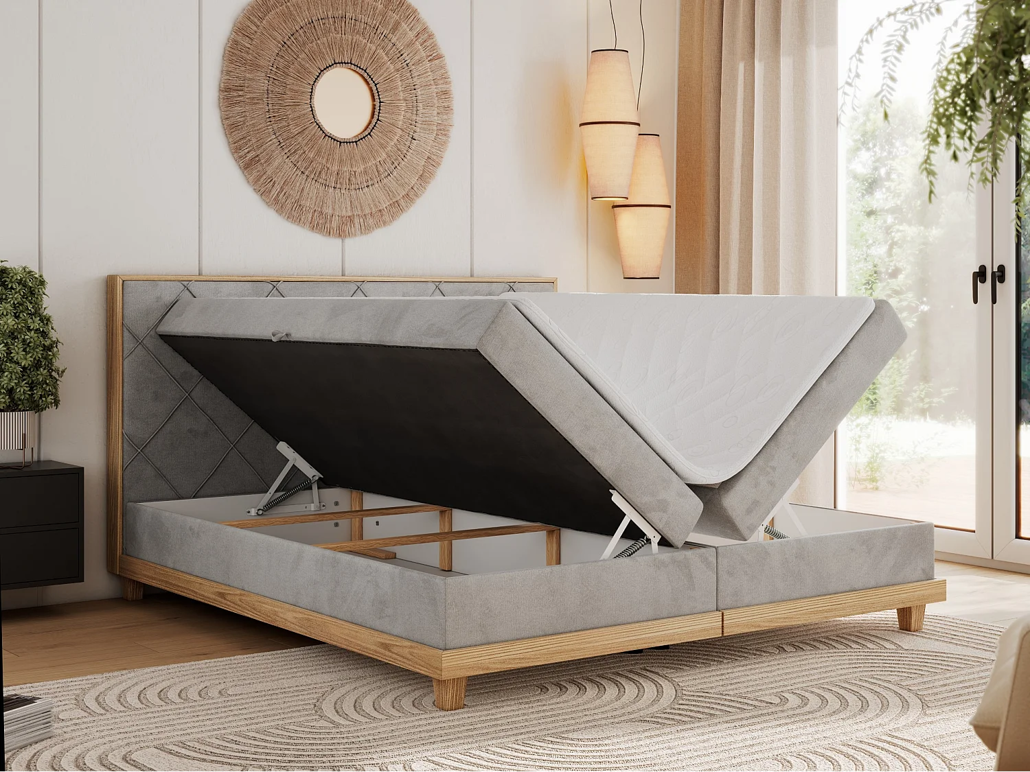 Boxspringbett CAICOS - mit gestepptem Kopfteil, Multipocket-Matratze und Topper, Holzelementen - 160x200 cm - H3 - Hellgrau Velvet