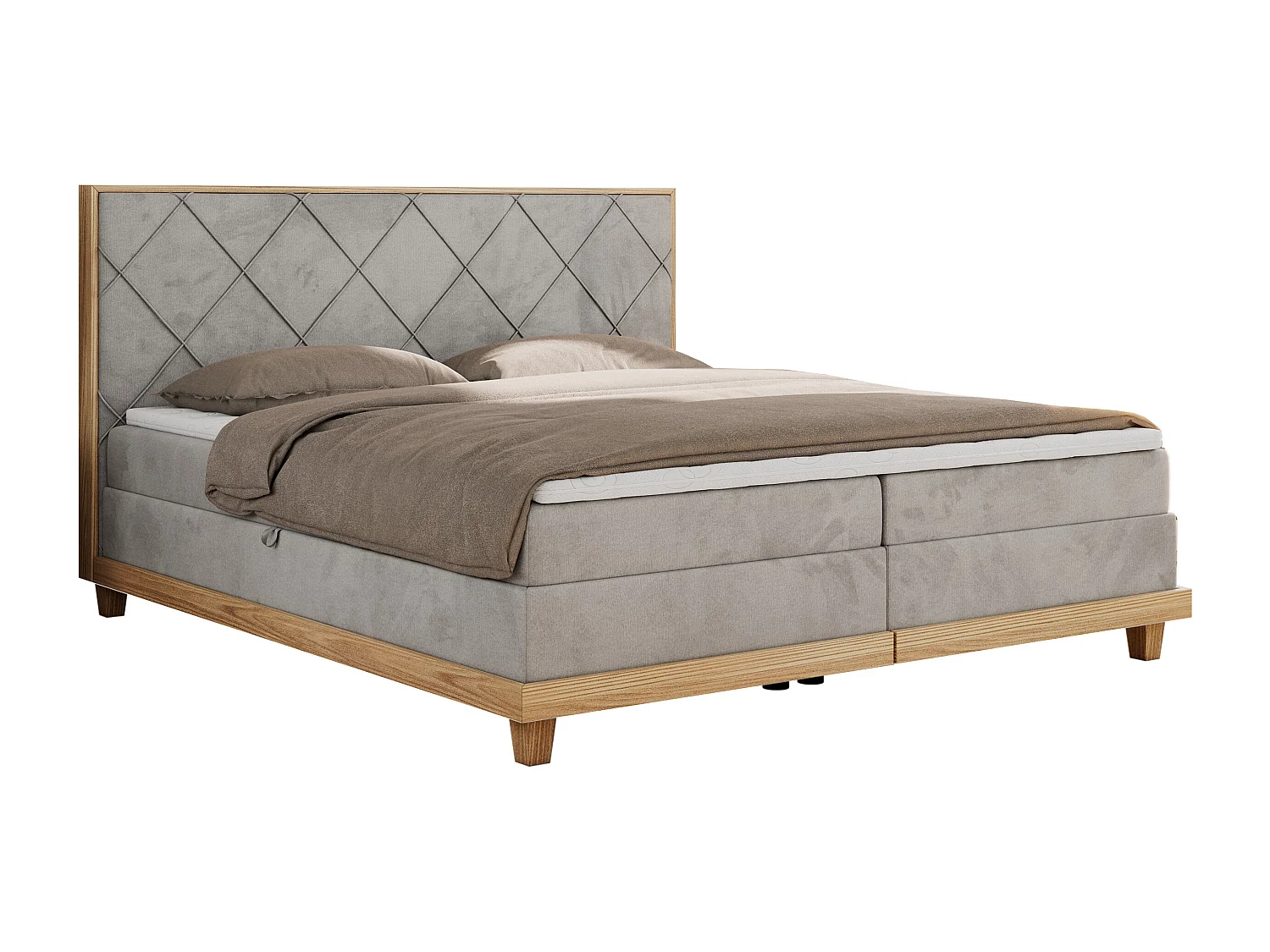 Boxspringbett CAICOS - mit gestepptem Kopfteil, Multipocket-Matratze und Topper, Holzelementen - 160x200 cm - H3 - Hellgrau Velvet