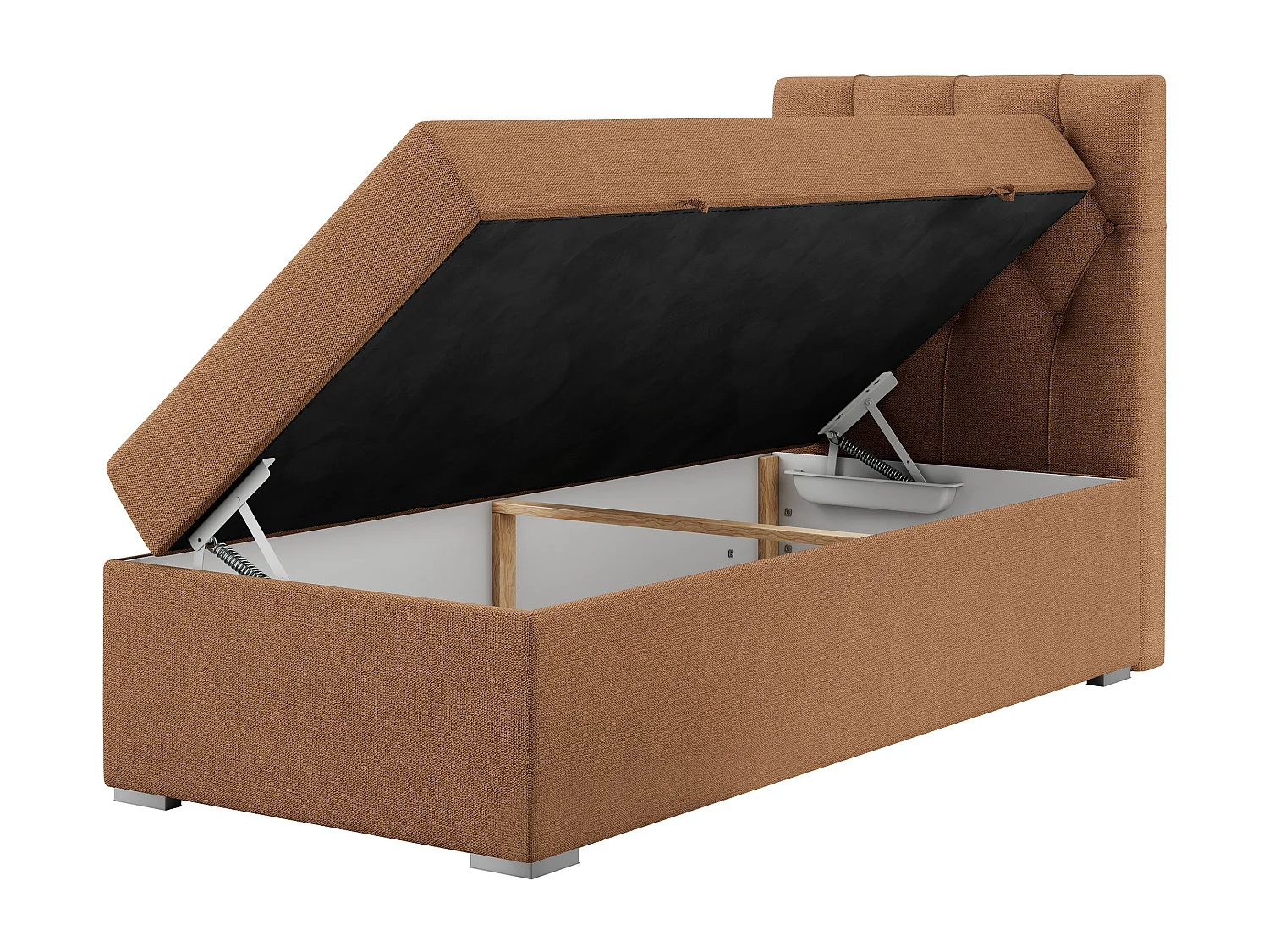 Boxspringbett ALDA - Einzelbett mit gestepptem Kopfteil, Multipocket-Matratze und Topper, Bettkasten - 90x200 cm - H4 - Orange Strukture - Rechts Seite