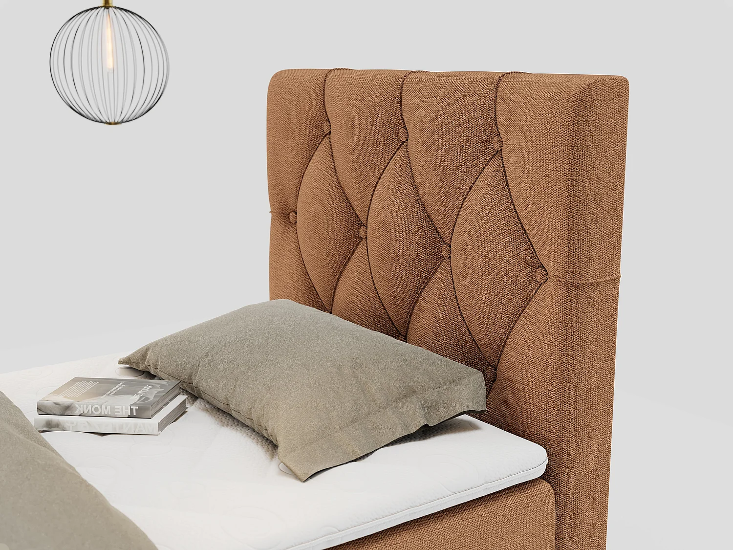 Boxspringbett ALDA - Einzelbett mit gestepptem Kopfteil, Multipocket-Matratze und Topper, Bettkasten - 90x200 cm - H4 - Orange Strukture - Rechts Seite