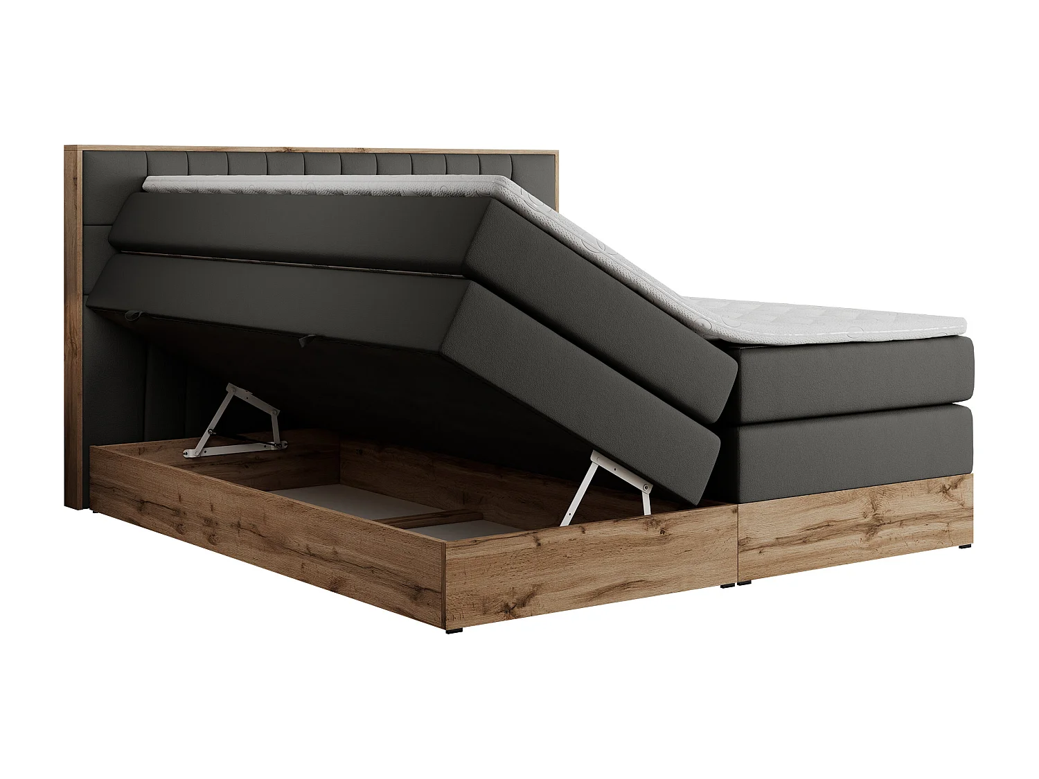 Boxspringbett AMORE KING - gesteppte Kopfstütze, Polsterbett mit zwei Multipocket-Matratzen, Holzrahmen - 160x200 cm - H3 - Dunkelgrau Kunstleder