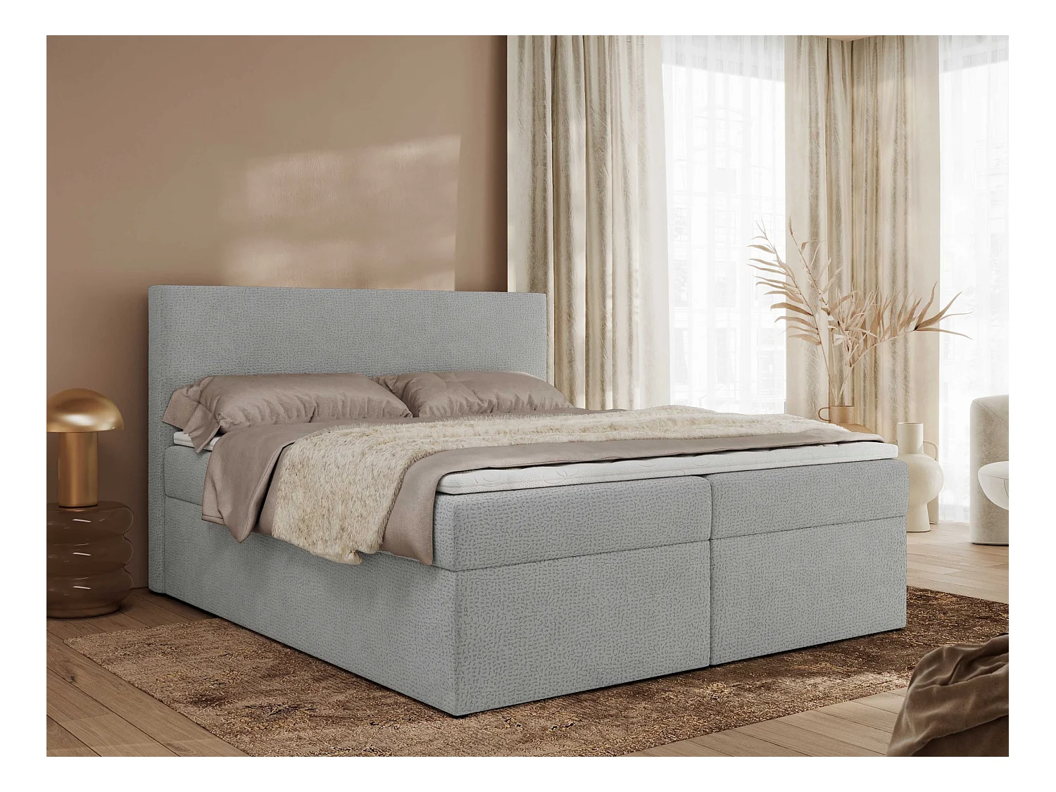 Boxspringbett JAGUAR - Doppelbett mit Multipocket-Matratze und Topper, Struktur dekostoff, zwei Bettkästen - 160x200 cm - H4 - Hellgrau Struktur