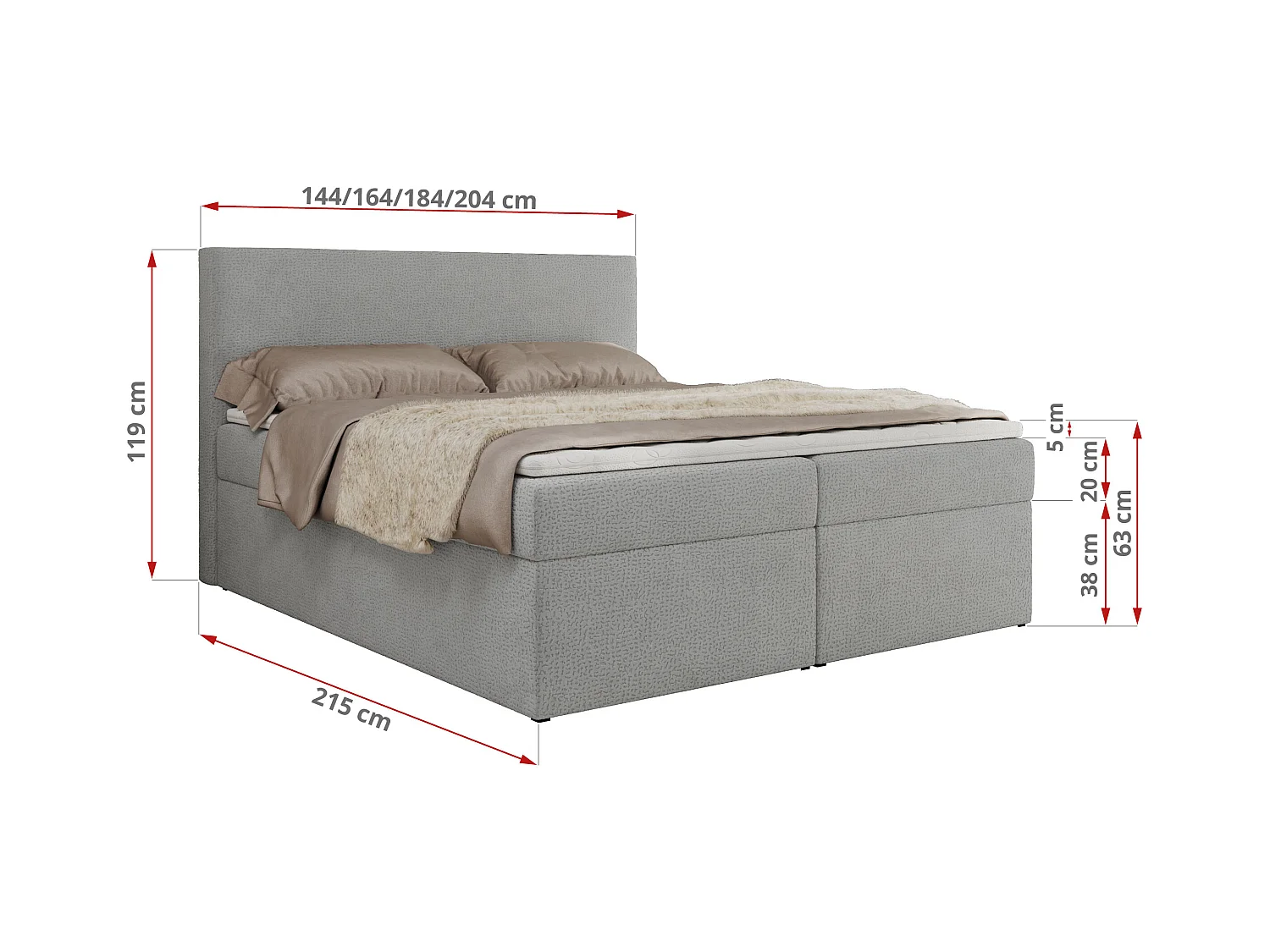Boxspringbett JAGUAR - Doppelbett mit Multipocket-Matratze und Topper, Struktur dekostoff, zwei Bettkästen - 160x200 cm - H4 - Hellgrau Struktur