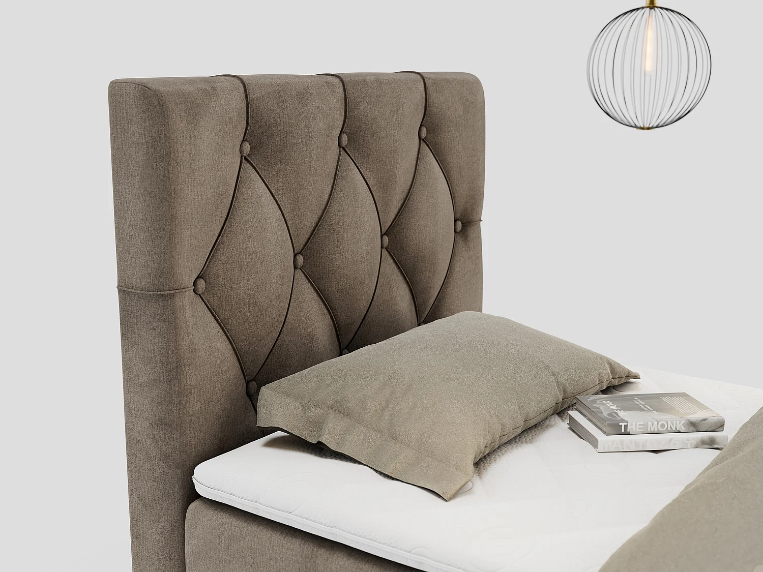 Boxspringbett ALDA - Einzelbett mit gestepptem Kopfteil, Multipocket-Matratze und Topper, Bettkasten - 90x200 cm - H4 - Braun Velvet - Links Seite