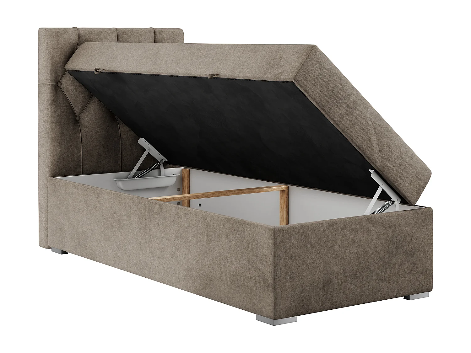 Boxspringbett ALDA - Einzelbett mit gestepptem Kopfteil, Multipocket-Matratze und Topper, Bettkasten - 90x200 cm - H4 - Braun Velvet - Links Seite