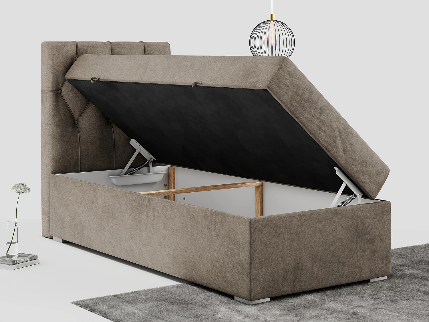 Boxspringbett ALDA - Einzelbett mit gestepptem Kopfteil, Multipocket-Matratze und Topper, Bettkasten - 90x200 cm - H4 - Braun Velvet - Links Seite