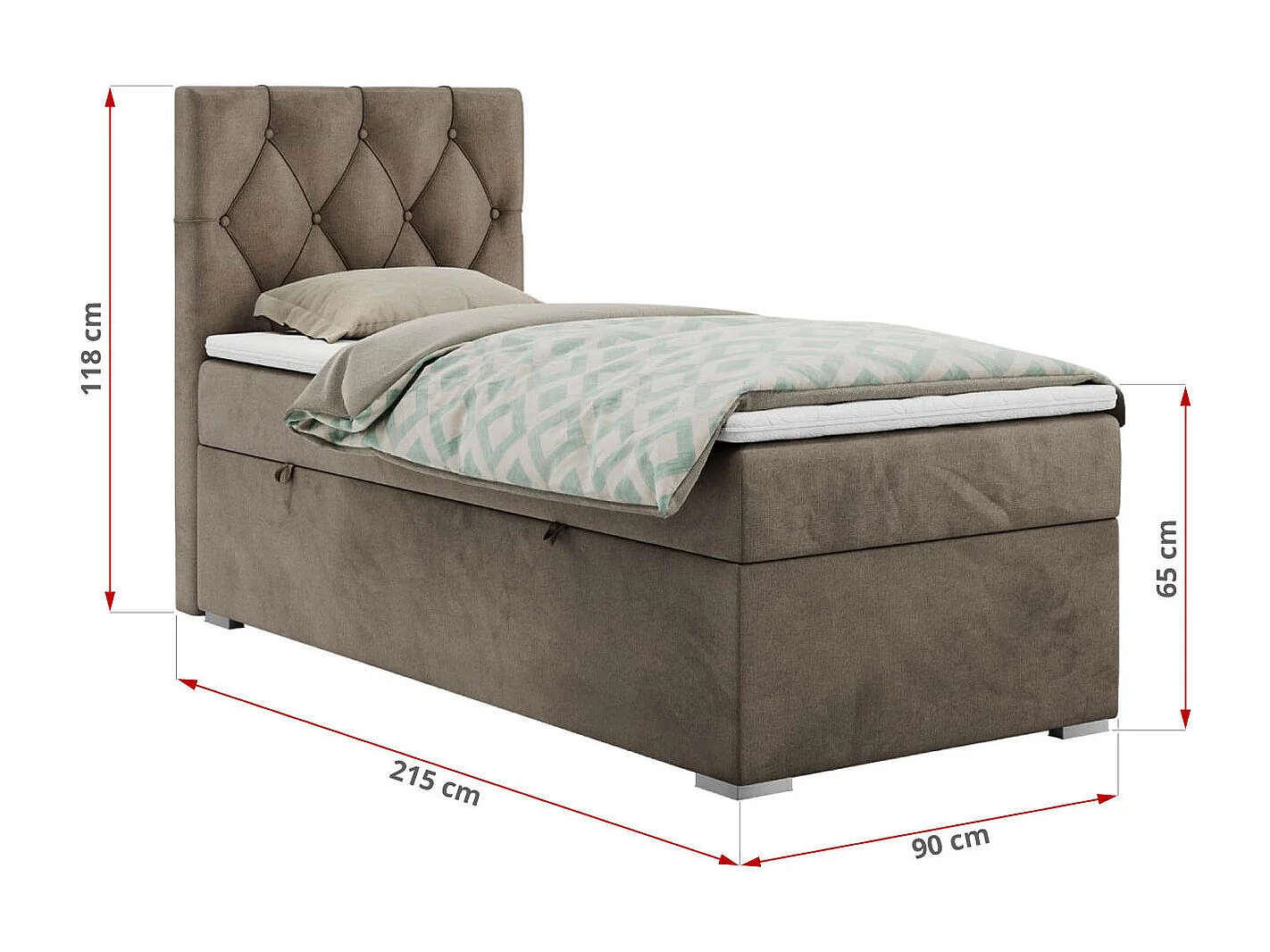 Boxspringbett ALDA - Einzelbett mit gestepptem Kopfteil, Multipocket-Matratze und Topper, Bettkasten - 90x200 cm - H4 - Braun Velvet - Links Seite