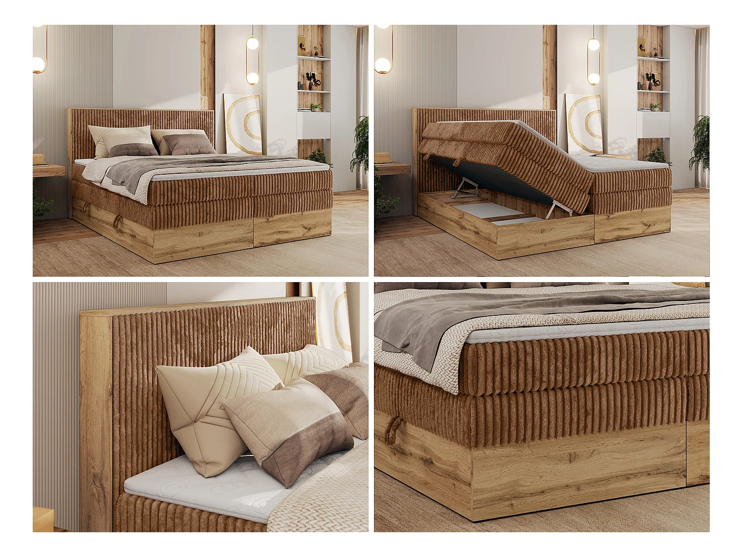 Boxspringbett WOOD CLASSIC KING - Polsterbett mit hohe Kopfteil, zwei Multipocket-Matratze, Bettkästen - 140x200 cm - H4 - Orange Cord