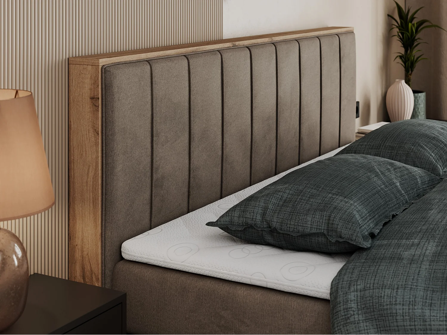 Boxspringbett BELLISSIMO KING - für Schlafzimmer, zwei Multipocket-Matratzen, Set mit Kopfteil und Topper, Holzrahmen - 160x200 cm - H4 - Braun Velvet