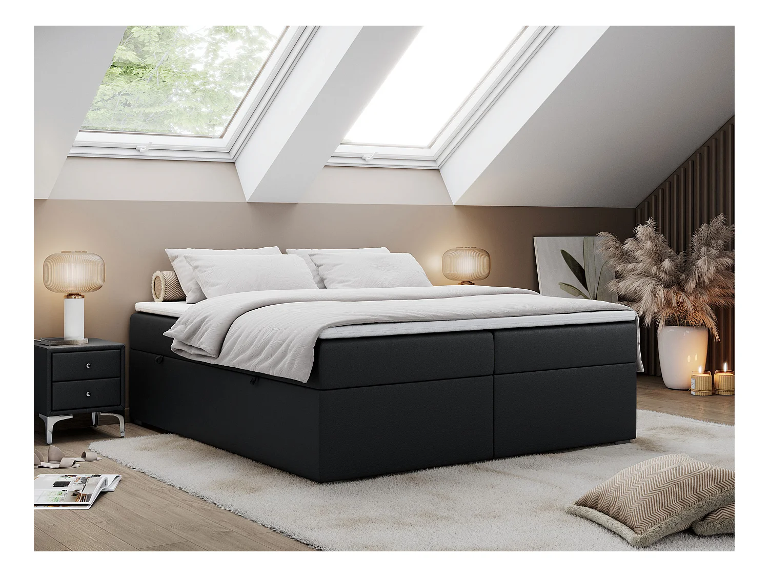 Boxspringbett BESS - Doppelbett mit Stauraum, Polsterbett, Multipocket-Matratzen und Topper - 140x200 cm - H4 - Schwarz Kunstleder