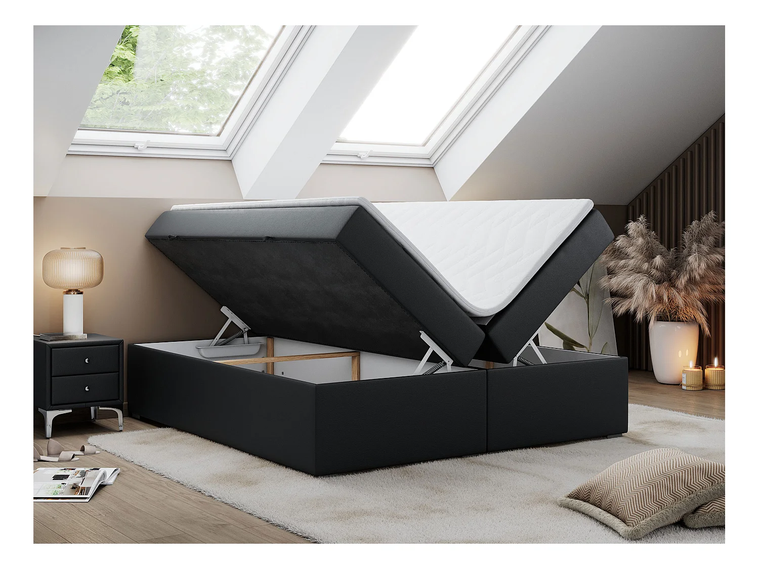 Boxspringbett BESS - Doppelbett mit Stauraum, Polsterbett, Multipocket-Matratzen und Topper - 140x200 cm - H4 - Schwarz Kunstleder