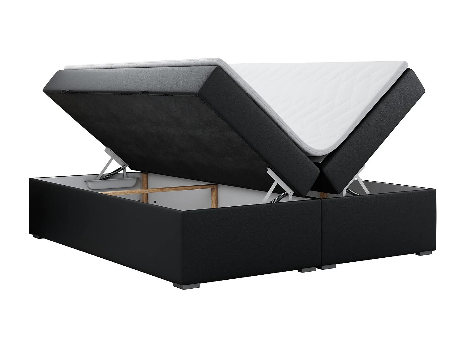 Boxspringbett BESS - Doppelbett mit Stauraum, Polsterbett, Multipocket-Matratzen und Topper - 140x200 cm - H4 - Schwarz Kunstleder