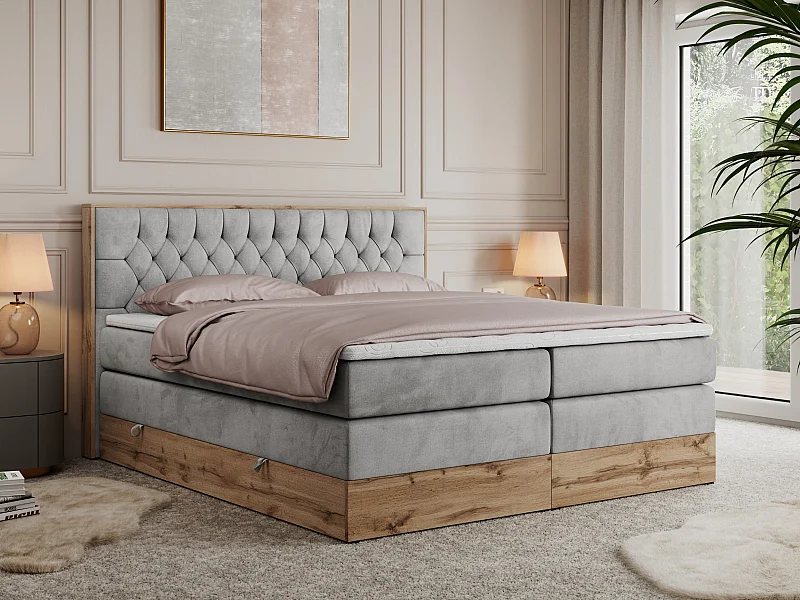 Boxspringbett AMORE KING - gesteppte Kopfstütze, Polsterbett mit zwei Multipocket-Matratzen, Holzrahmen - 200x200 cm - H4 - Hellgrau Velvet