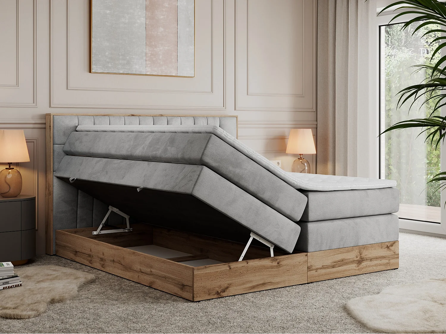 Boxspringbett AMORE KING - gesteppte Kopfstütze, Polsterbett mit zwei Multipocket-Matratzen, Holzrahmen - 200x200 cm - H4 - Hellgrau Velvet