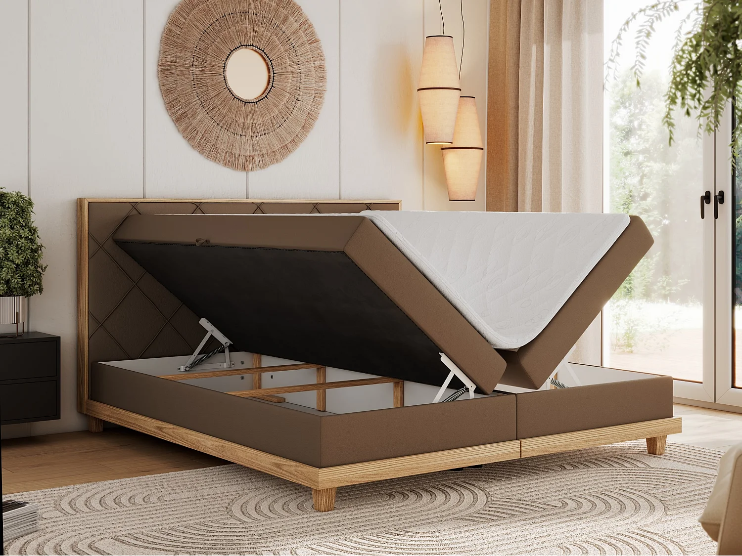 Boxspringbett CAICOS - mit gestepptem Kopfteil, Multipocket-Matratze und Topper, Holzelementen - 140x200 cm - H4 - Braun Kunstleder