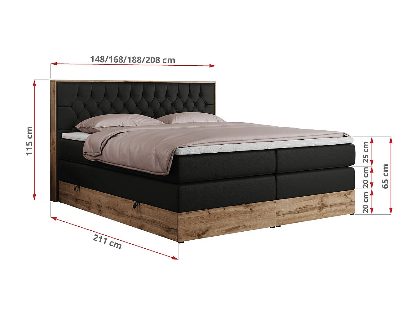 Boxspringbett AMORE KING - gesteppte Kopfstütze, Polsterbett mit zwei Multipocket-Matratzen, Holzrahmen - 200x200 cm - H4 - Schwarz Kunstleder