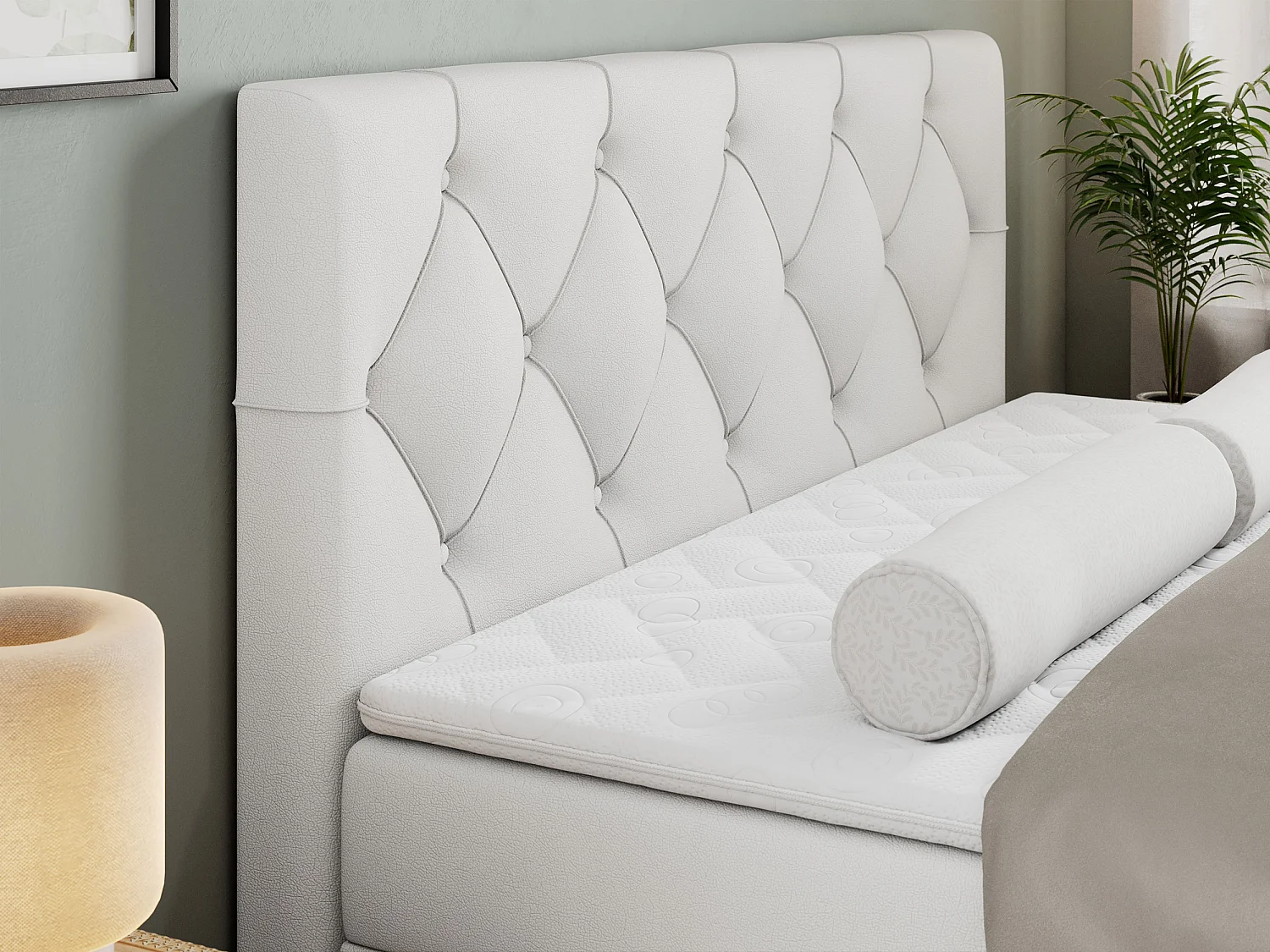 Boxspringbett ALDA - Doppelbett mit gestepptem Kopfteil, Multipocket-Matratze und Topper, zwei Bettkästen - 180x200 cm - H3 - Weiß Kunstleder