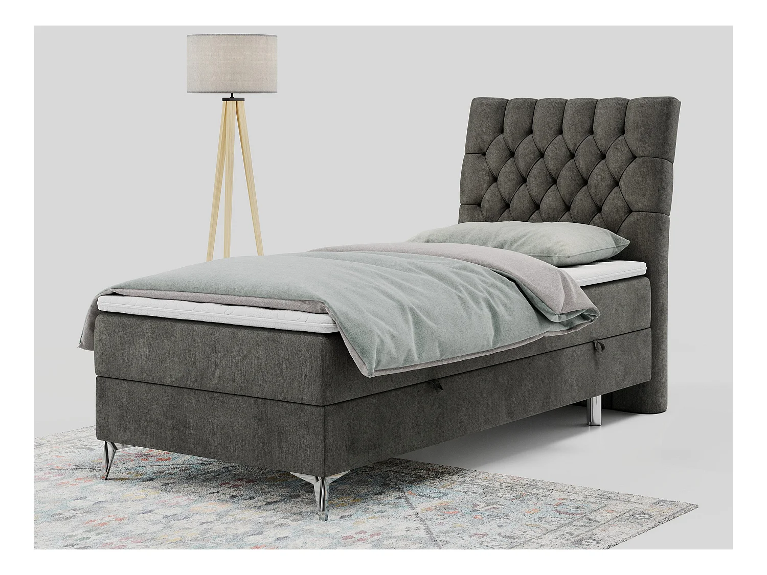 Boxspringbett MILEN - Polsterbett auf Metallbeine, Set mit Multipocket-Matratze, Gesteppte Kopfstütze - 90x200 cm - H4 - Dunkelgrau Velvet - Rechts Seite