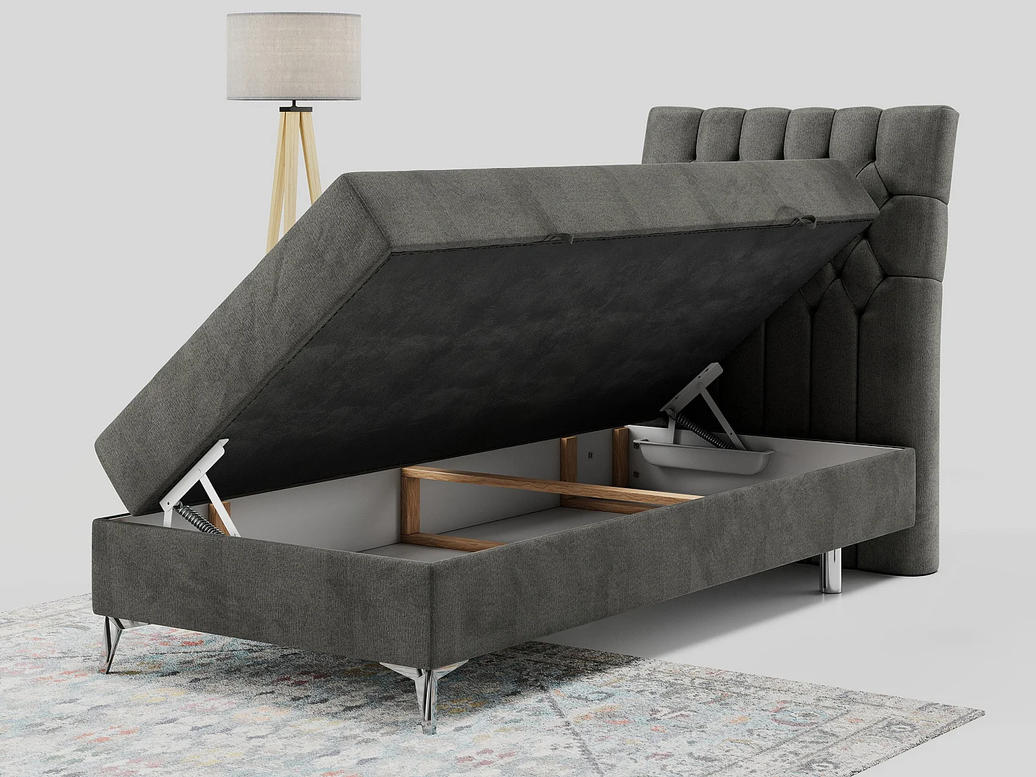 Boxspringbett MILEN - Polsterbett auf Metallbeine, Set mit Multipocket-Matratze, Gesteppte Kopfstütze - 90x200 cm - H4 - Dunkelgrau Velvet - Rechts Seite