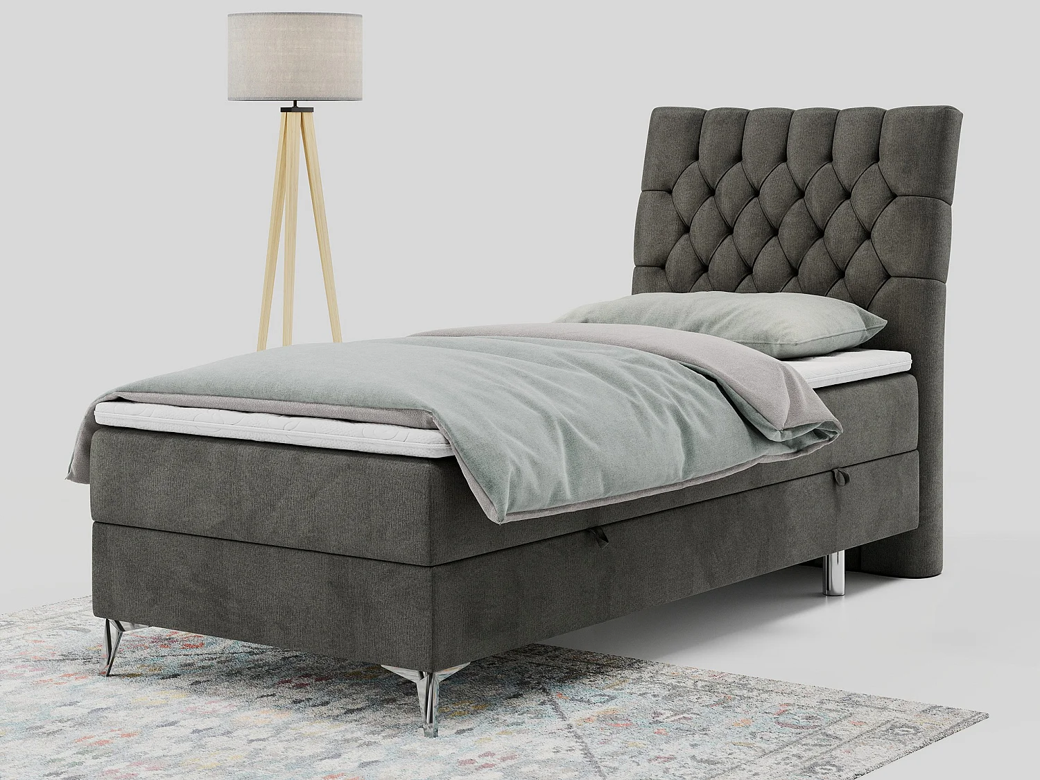 Boxspringbett MILEN - Polsterbett auf Metallbeine, Set mit Multipocket-Matratze, Gesteppte Kopfstütze - 90x200 cm - H4 - Dunkelgrau Velvet - Rechts Seite
