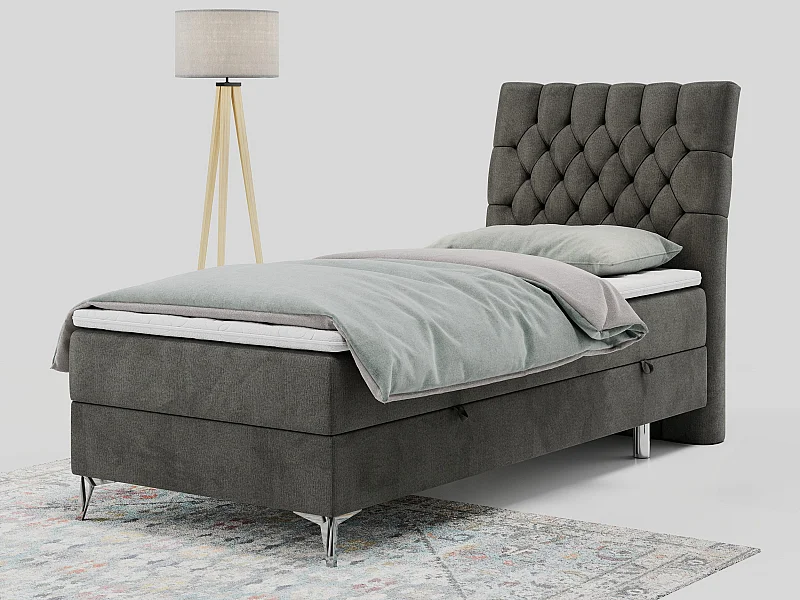 Boxspringbett MILEN - Polsterbett auf Metallbeine, Set mit Multipocket-Matratze, Gesteppte Kopfstütze - 90x200 cm - H4 - Dunkelgrau Velvet - Rechts Seite