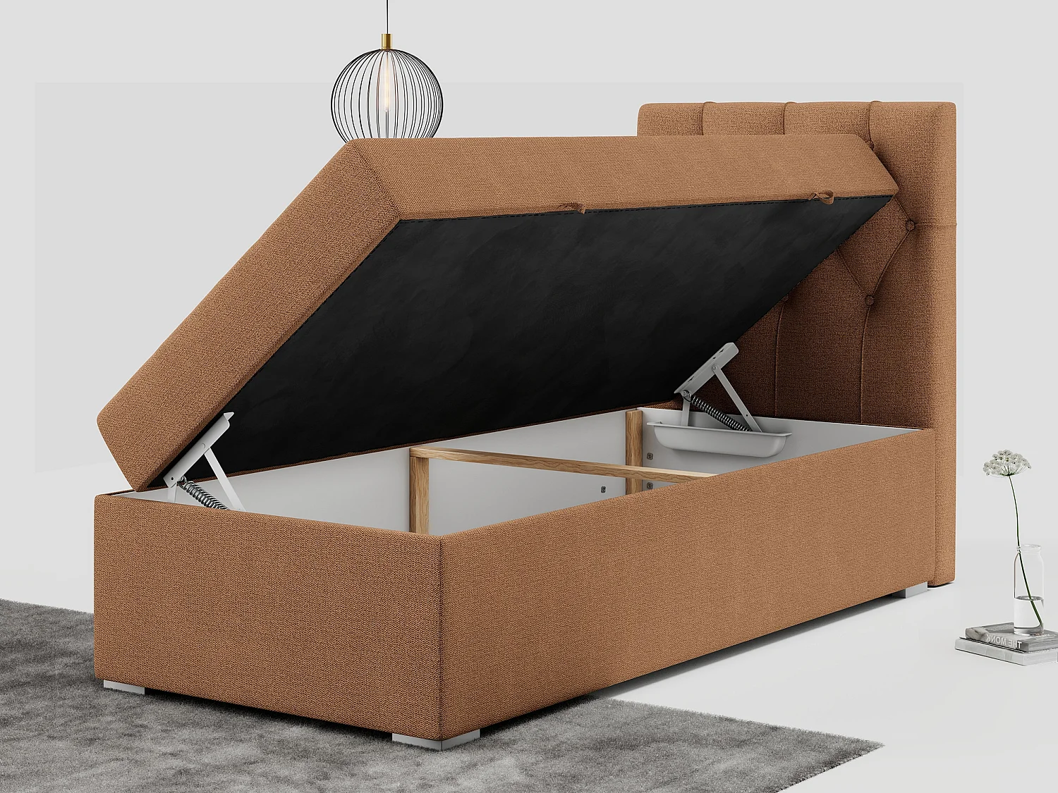 Boxspringbett ALDA - Einzelbett mit gestepptem Kopfteil, Multipocket-Matratze und Topper, Bettkasten - 90x200 cm - H3 - Orange Strukture - Rechts Seite
