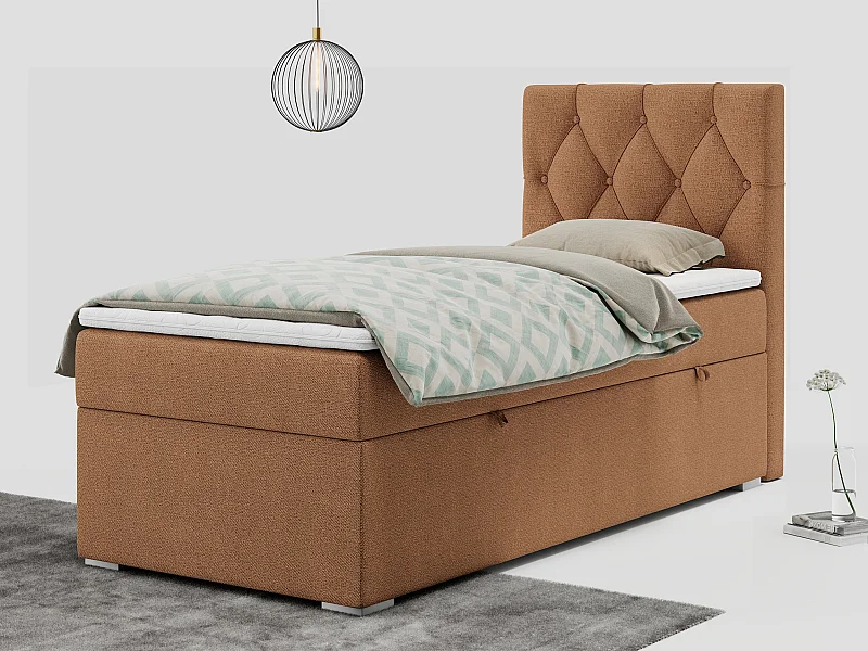 Boxspringbett ALDA - Einzelbett mit gestepptem Kopfteil, Multipocket-Matratze und Topper, Bettkasten - 90x200 cm - H3 - Orange Strukture - Rechts Seite