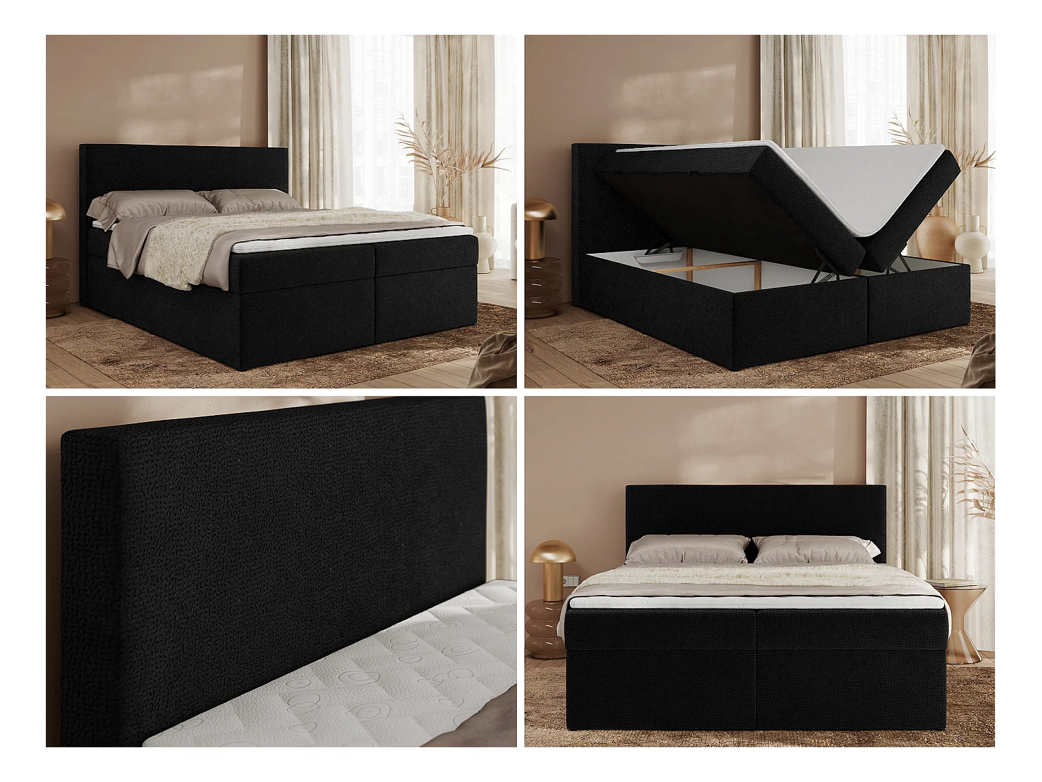 Boxspringbett JAGUAR - Doppelbett mit Multipocket-Matratze und Topper, Struktur dekostoff, zwei Bettkästen - 160x200 cm - H3 - Schwarz Struktur