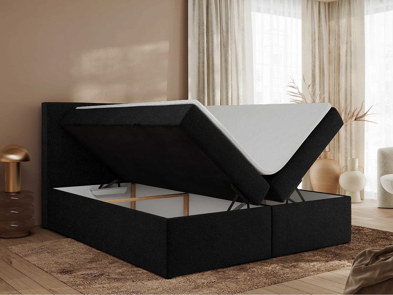 Boxspringbett JAGUAR - Doppelbett mit Multipocket-Matratze und Topper, Struktur dekostoff, zwei Bettkästen - 160x200 cm - H3 - Schwarz Struktur