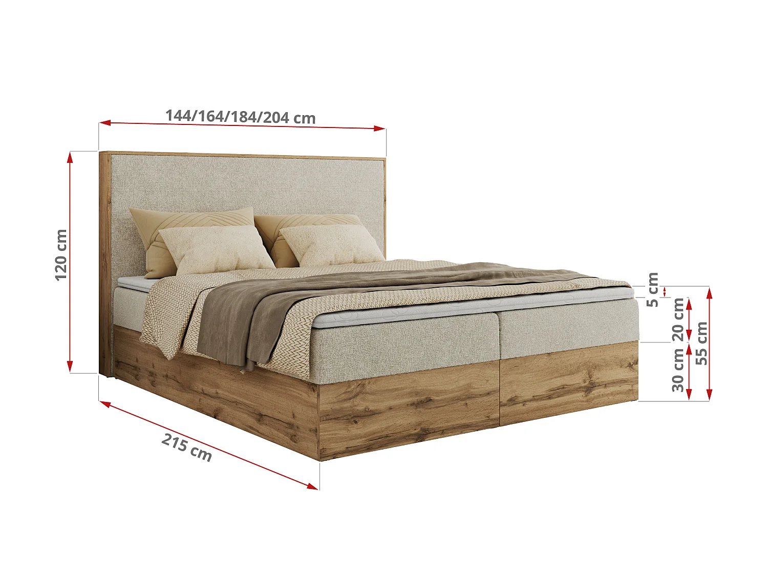 Lit boxspring - Dureté H3 + Topper T25 - Crème Tissu texturé - 160x200 - WOOD CLASSIC