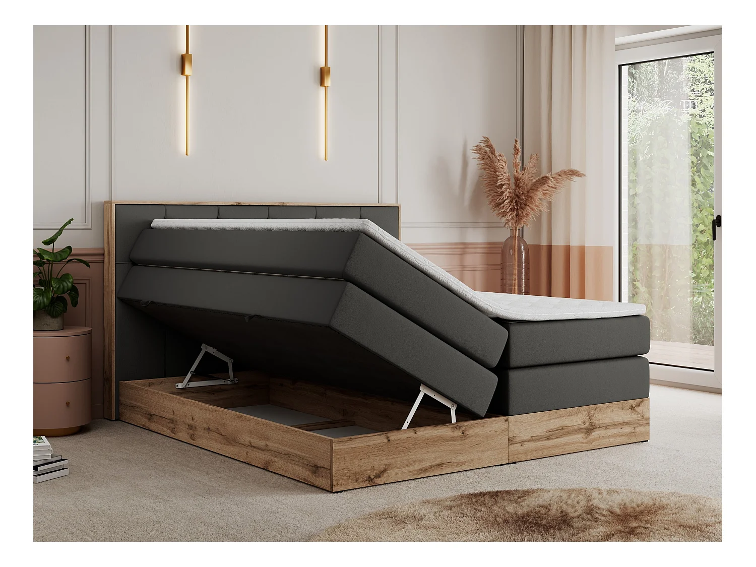 Boxspringbett VENETO KING - Polsterbett mit Multipocket-Matratzen und Kopfteil, Holzrahmen, zwei Bettkästen - 160x200 cm - H4 - Dunkelgrau Kunstleder
