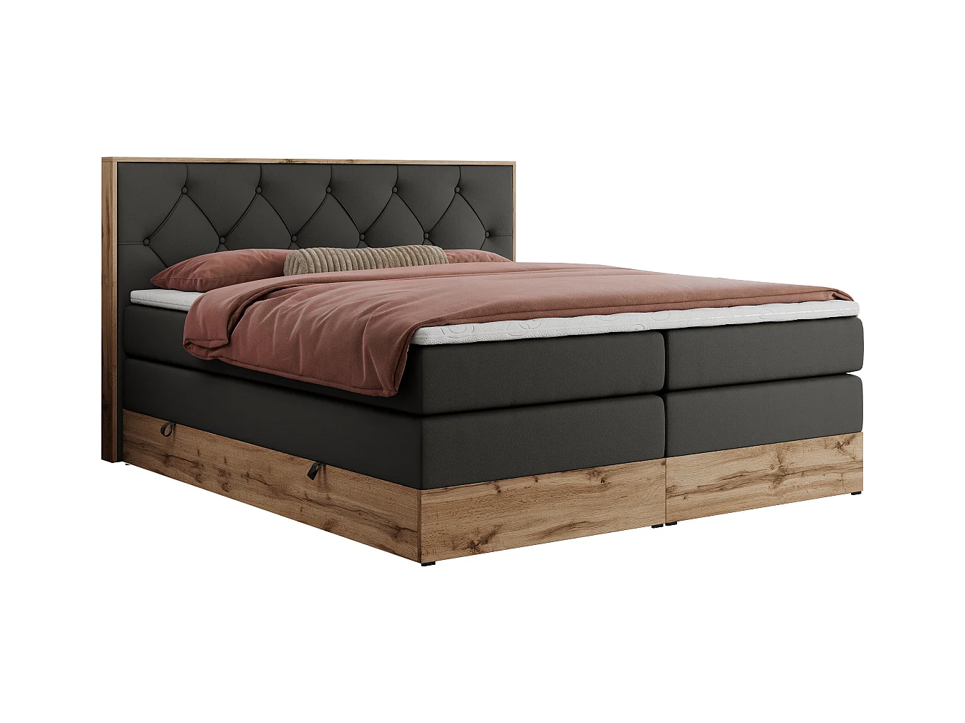 Boxspringbett VENETO KING - Polsterbett mit Multipocket-Matratzen und Kopfteil, Holzrahmen, zwei Bettkästen - 160x200 cm - H4 - Dunkelgrau Kunstleder