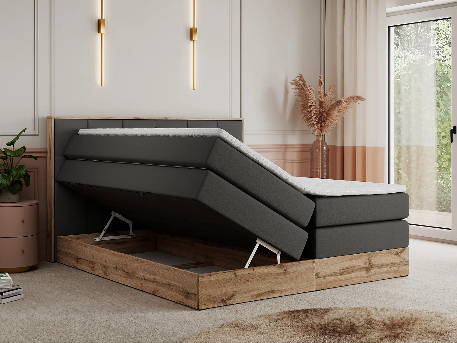 Boxspringbett VENETO KING - Polsterbett mit Multipocket-Matratzen und Kopfteil, Holzrahmen, zwei Bettkästen - 160x200 cm - H4 - Dunkelgrau Kunstleder