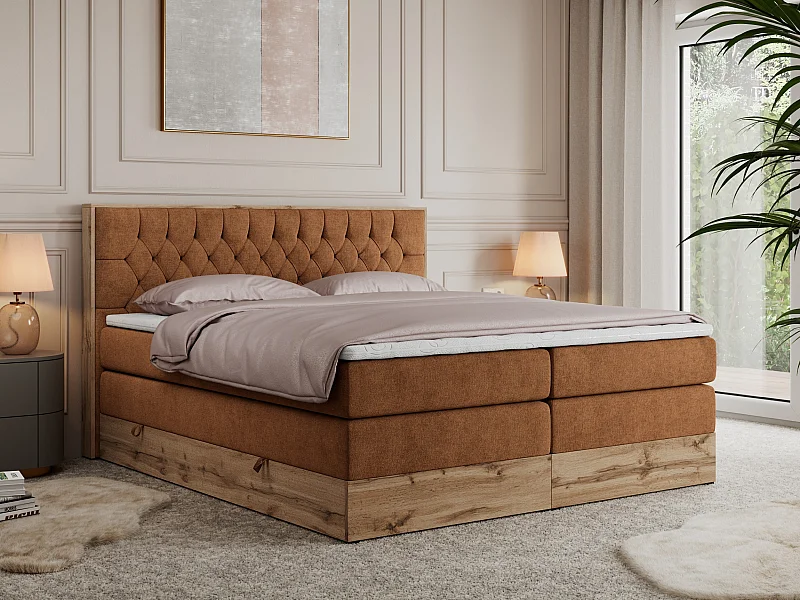 Boxspringbett AMORE KING - gesteppte Kopfstütze, Polsterbett mit zwei Multipocket-Matratzen, Holzrahmen - 160x200 cm - H3 - Orange Strukture