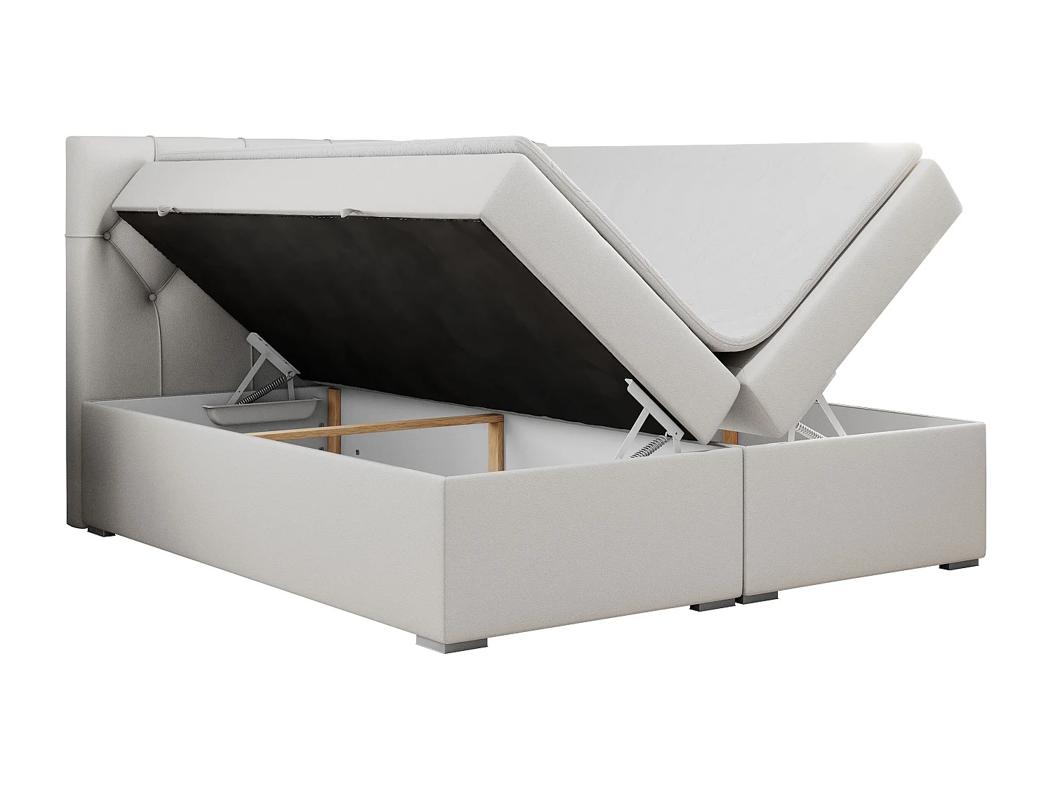 Boxspringbett ALDA - Doppelbett mit gestepptem Kopfteil, Multipocket-Matratze und Topper, zwei Bettkästen - 140x200 cm - H3 - Weiß Kunstleder