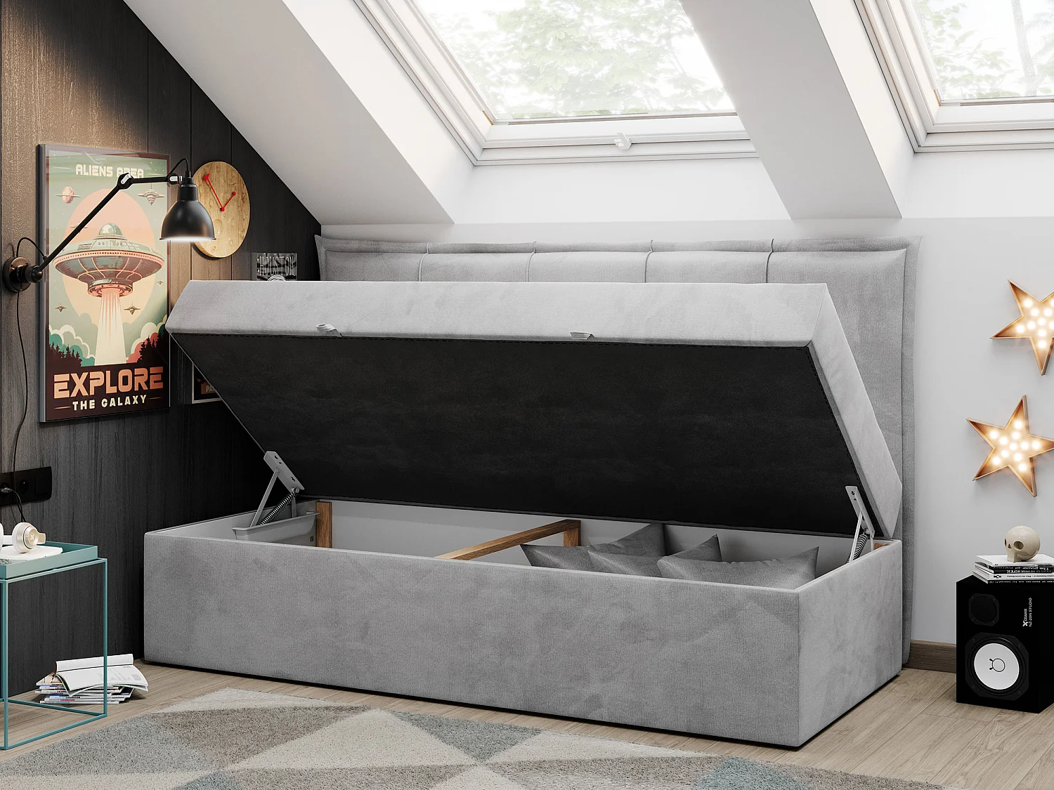 Kinderbett BANCO - Einzelbett für Jugendliche, Set mit Kopfteil und Matratze, Boxspringbett, Bettkasten - 90x200 cm - Hellgrau Velvet