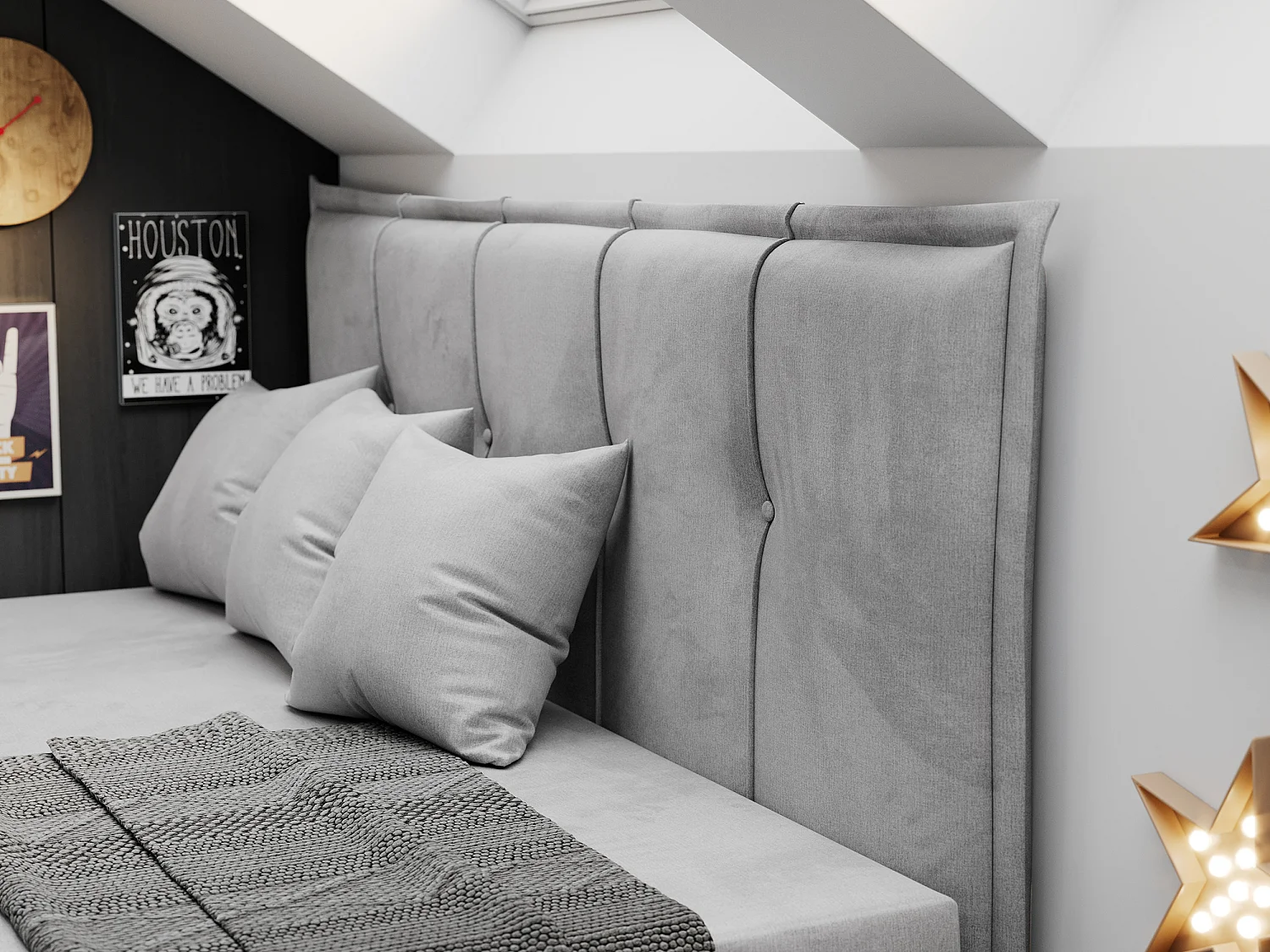 Kinderbett BANCO - Einzelbett für Jugendliche, Set mit Kopfteil und Matratze, Boxspringbett, Bettkasten - 90x200 cm - Hellgrau Velvet