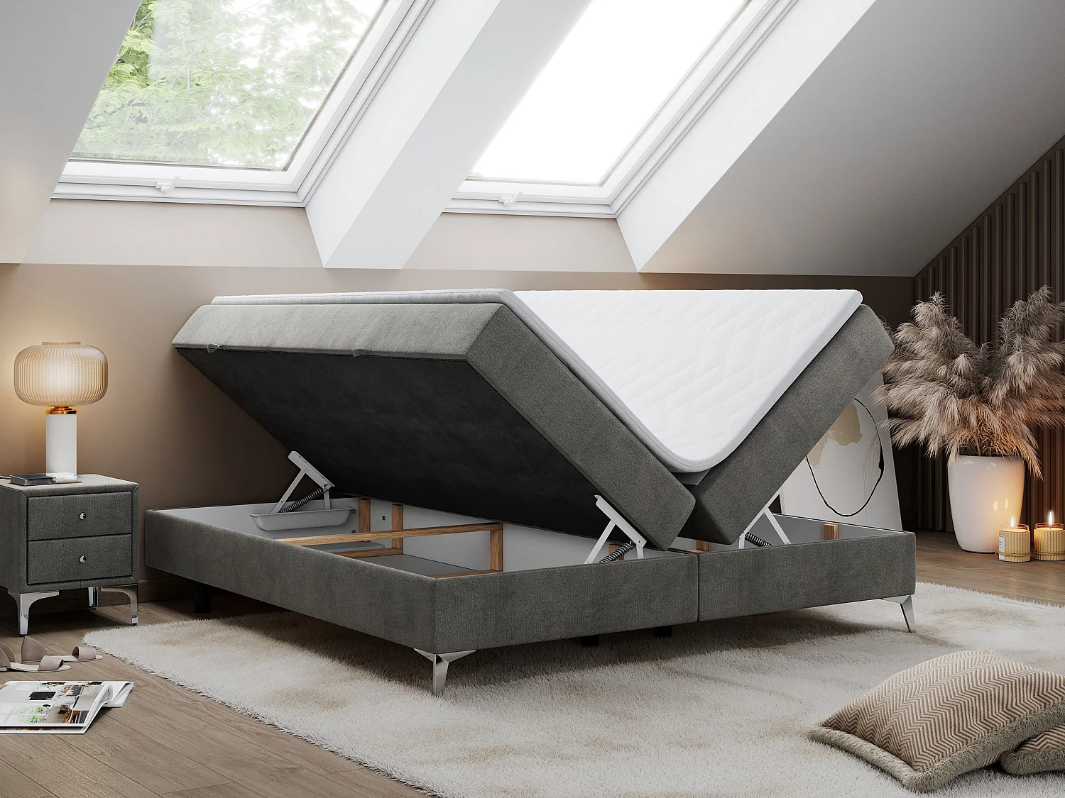 Boxspringbett LESS - Doppelbett mit zwei Bettkästen, 7 Härtezonen Multipocket-Matratzen, hohe Metallbeine - 180x200 cm - H3 - Dunkelgrau Velvet