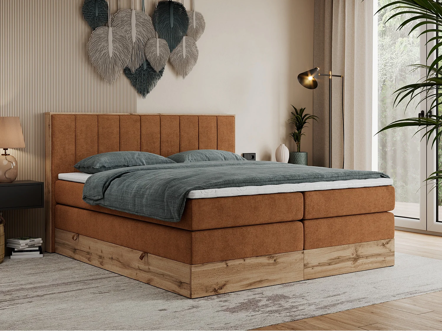 Boxspringbett BELLISSIMO KING - für Schlafzimmer, zwei Multipocket-Matratzen, Set mit Kopfteil und Topper, Holzrahmen - 200x200 cm - H3 - Orange Strukture